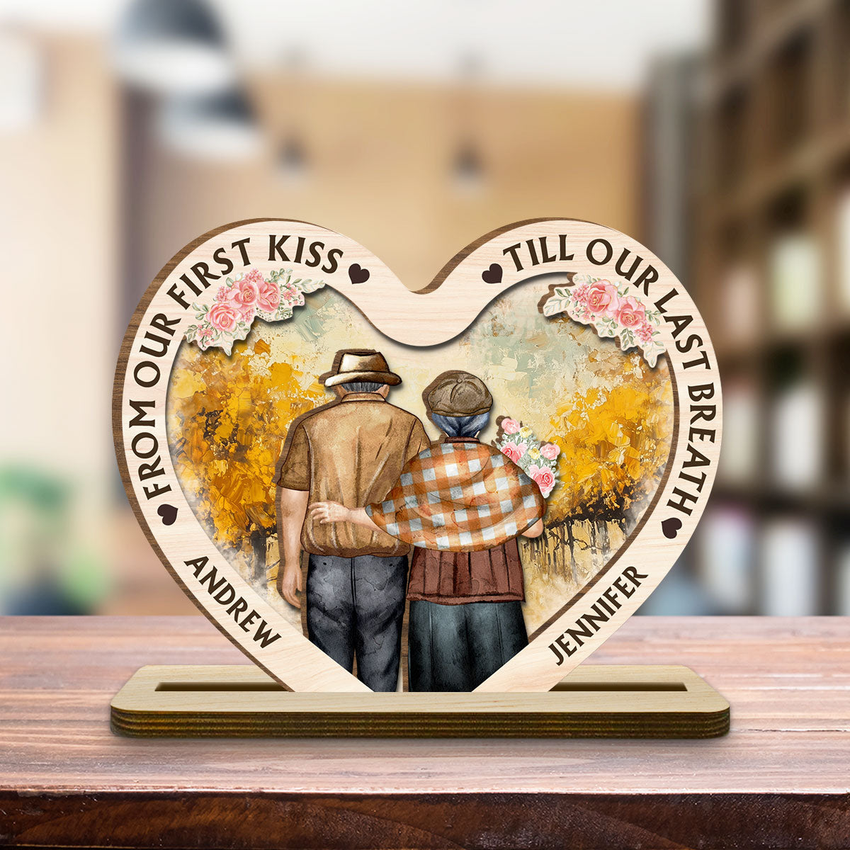 Our First Kiss - Personalized Custom 2-Layer Wood Plaque With Flat Base