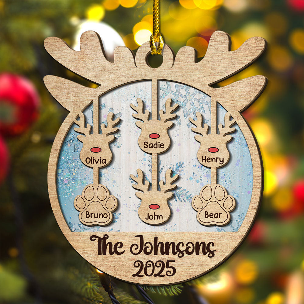 Reindeer Family Name - Personalized Custom 2-Layered Wood Ornament