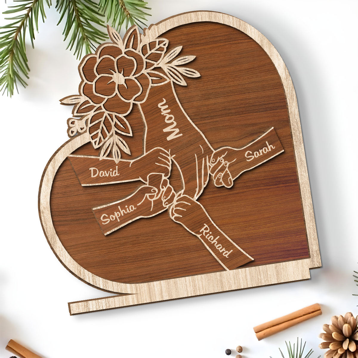 Mom Hold Our Hand And Our Heart - Personalized Custom 2-Layer Wood Plaque With Flat Base