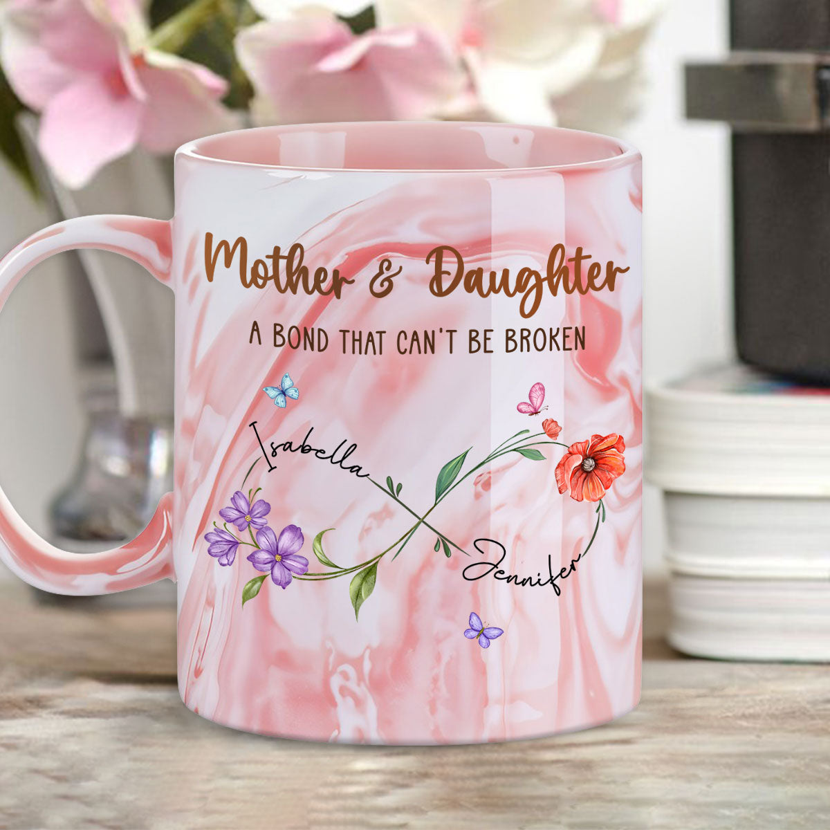 Mother And Daughter Link Forever - Personalized Custom Pink Marble Mug