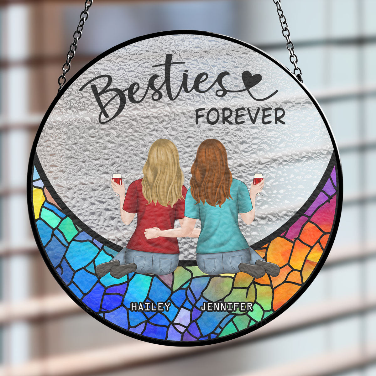Friends Sitting On The Moon Version 2 - Personalized Custom Window Hanging Suncatcher
