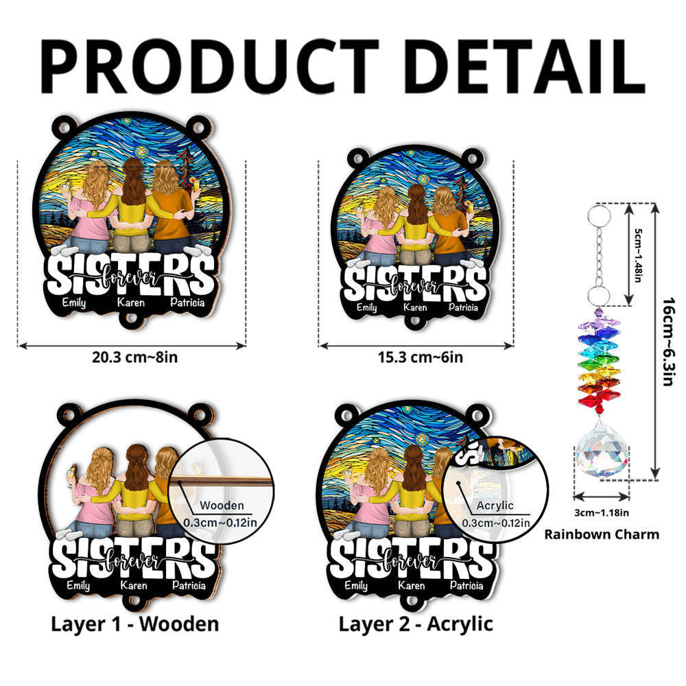Besties Sitting Together - Personalized Custom Suncatcher With Crystal Rainbow Charm