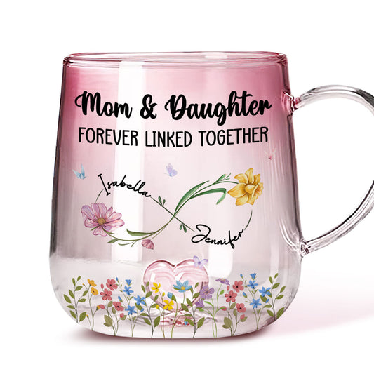 Mom And Daughter Forever Linked - Personalized Custom Pink Gradient Glass Mug
