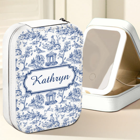 Vintage Toile - Personalized Custom Jewelry Box With LED Mirror
