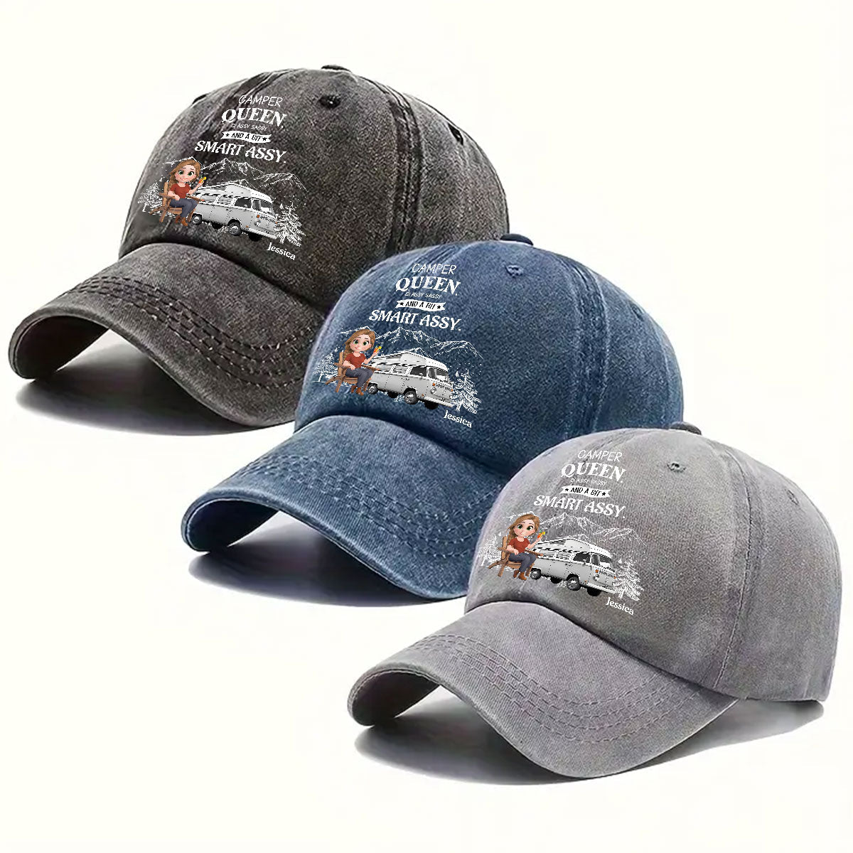 Truly A Queen Of Campers - Personalized Custom Vintage Washed Denim Cap