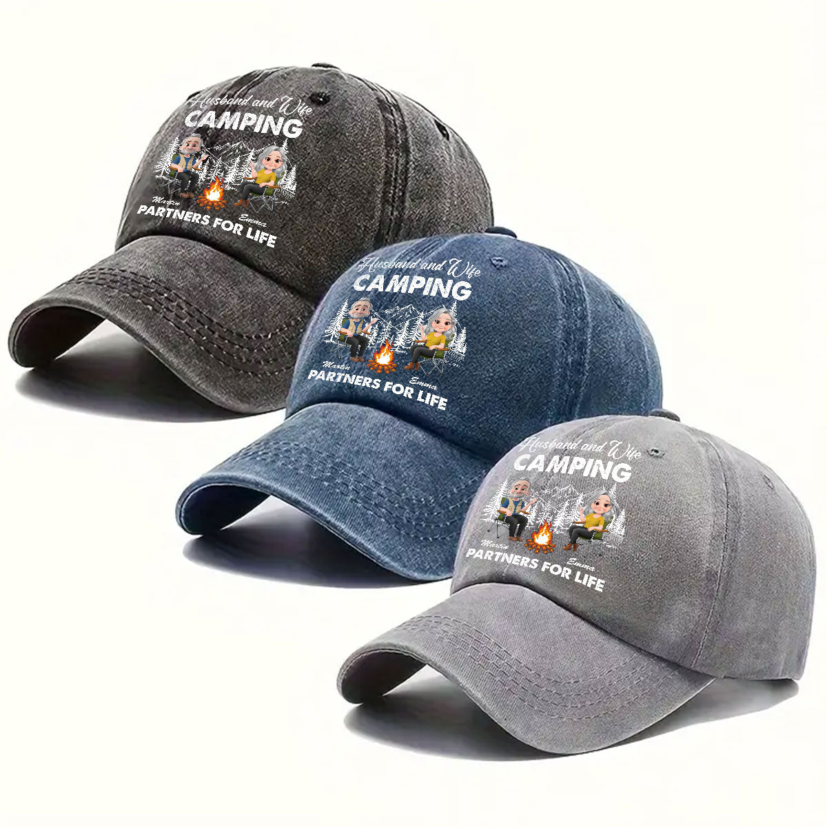 Husband And Wife Camping Life - Personalized Custom Vintage Washed Denim Cap