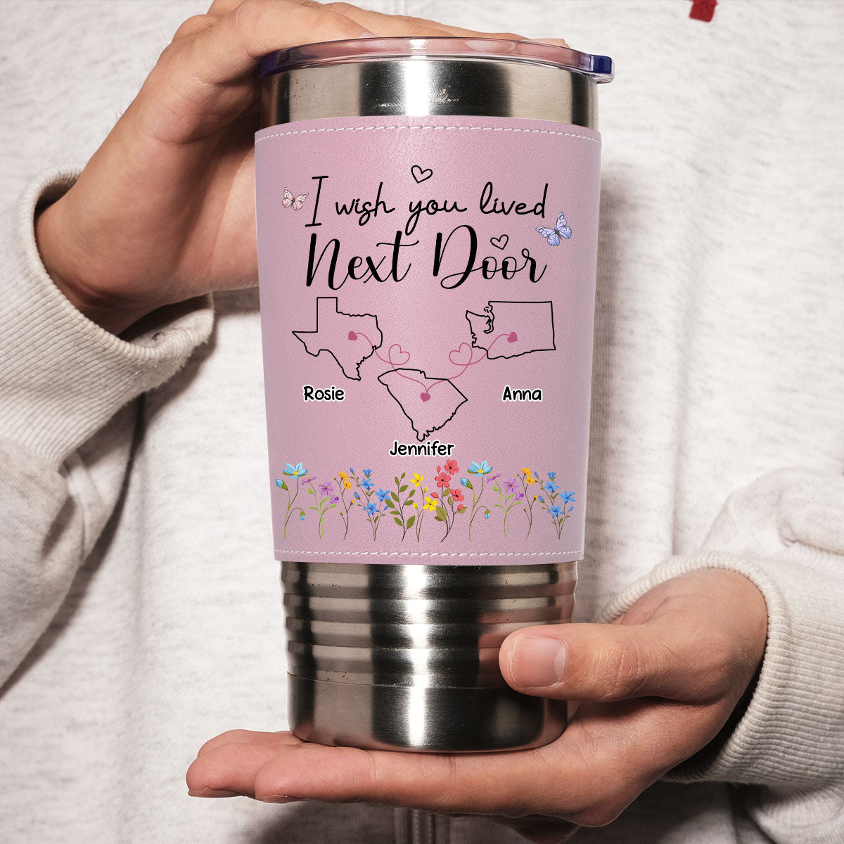 I Wish We Lived Closer - Personalized Custom Pink Leather Tumbler