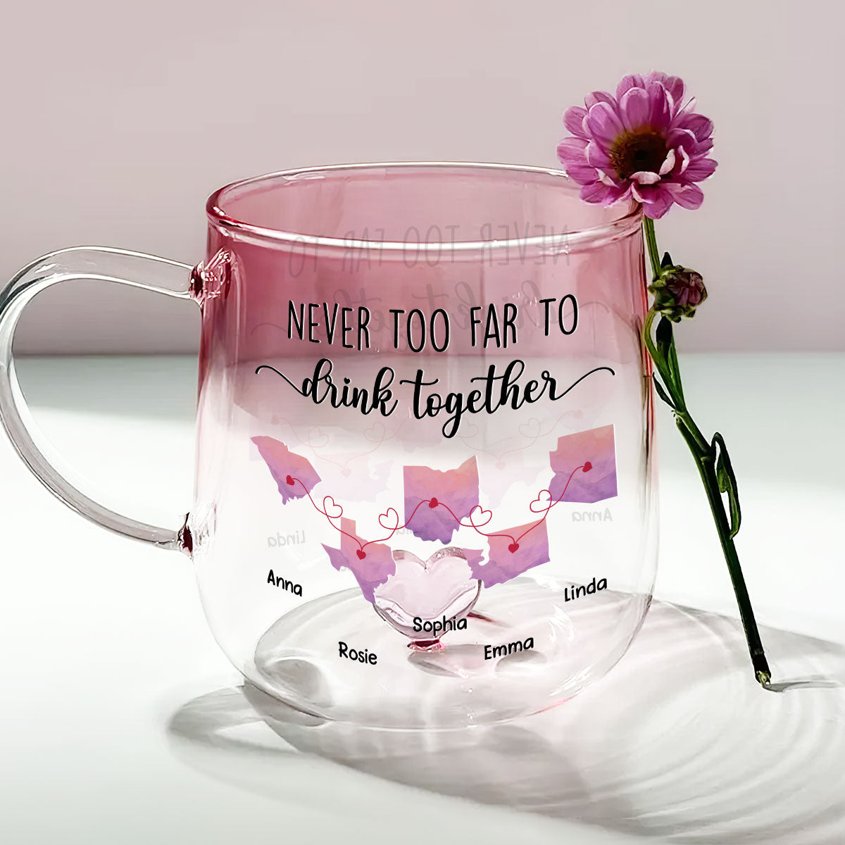 Never Too Far To Cheer With You - Personalized Custom Pink Gradient Glass Mug
