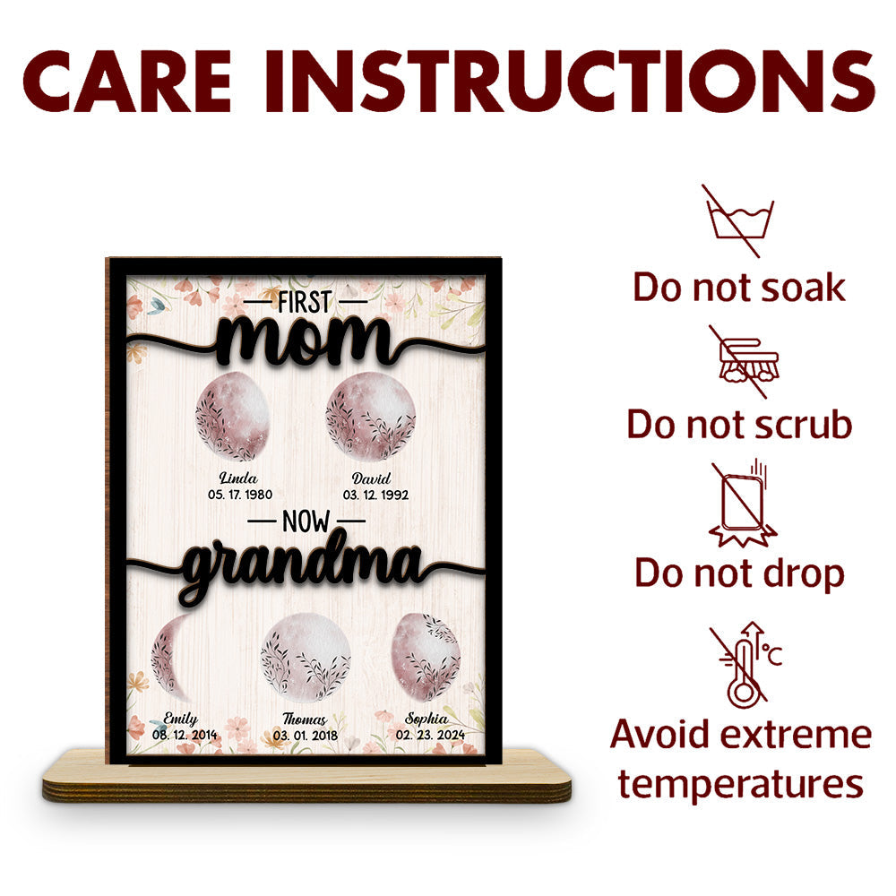 First Mom Now Grandma Floral Birth Moon - Personalized Custom 2-Layer Wood Plaque With Flat Base