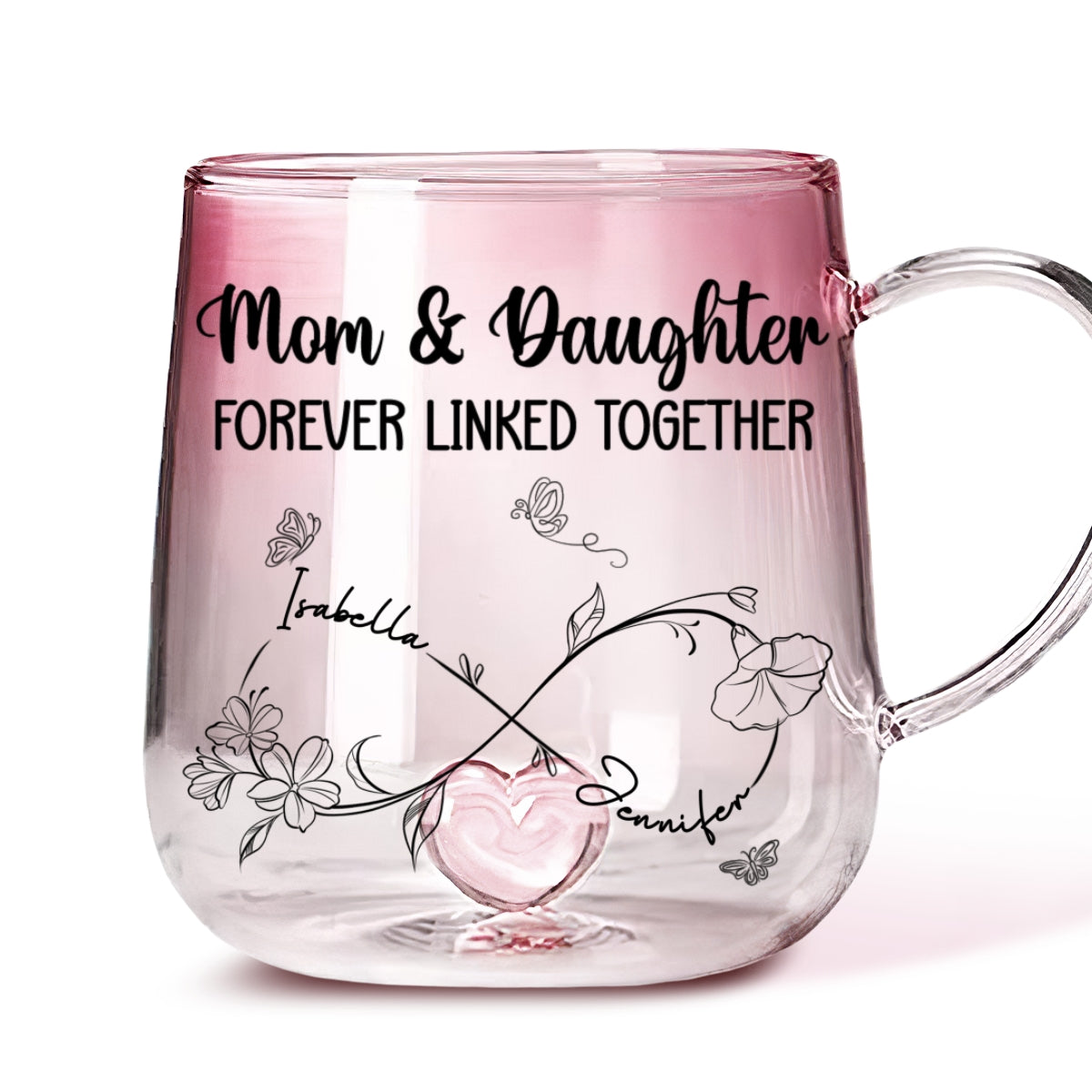 Mom And Daughter Forever Linked Together - Personalized Custom Pink Gradient Glass Mug