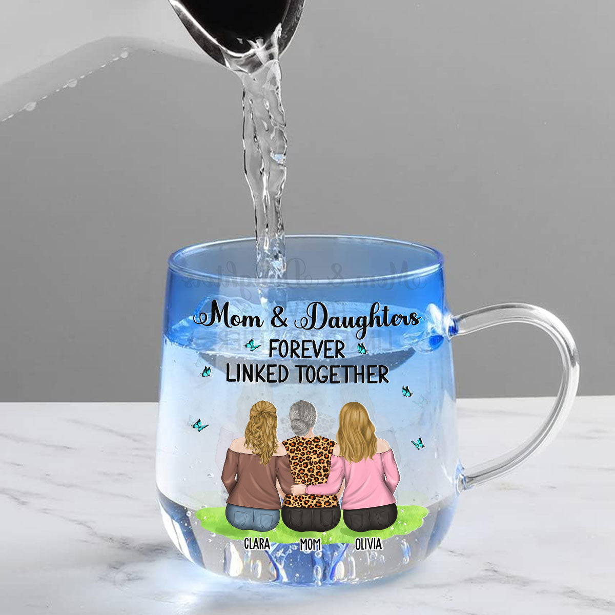 Mother And Daughter Linked Forever - Personalized Custom Blue Gradient Glass Mug
