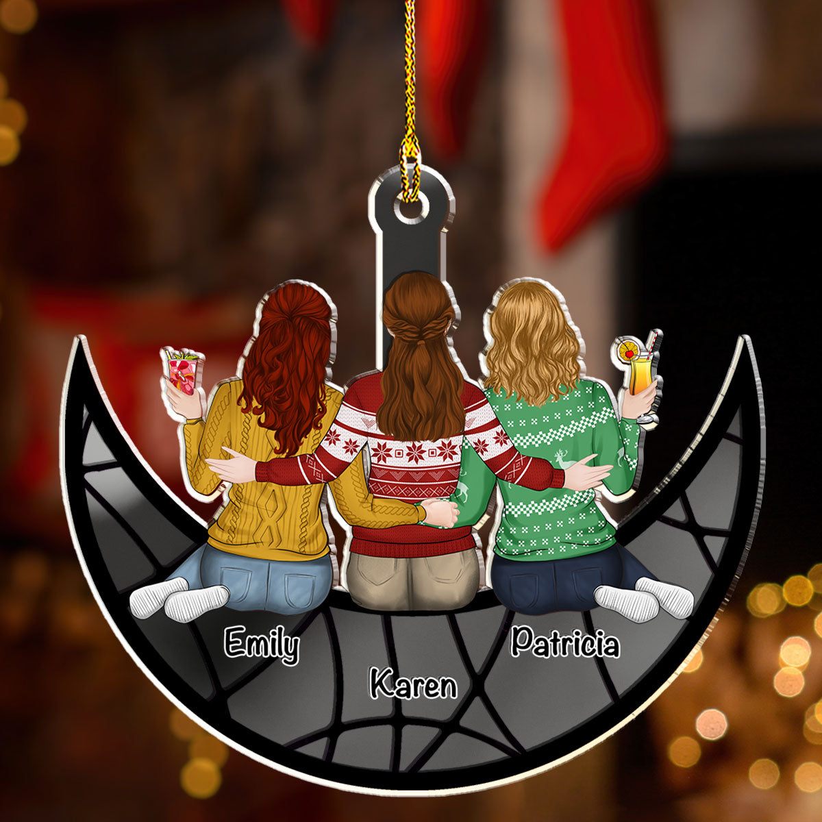 Besties Sitting On The Moon - Personalized Custom Mirrored Acrylic Ornament