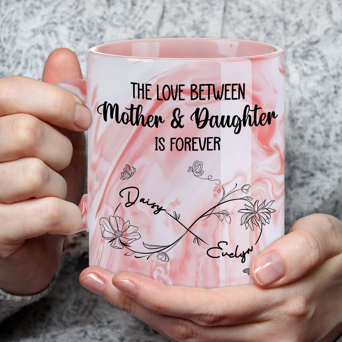 Mom And Daughter Forever Linked Together - Personalized Custom Pink Marble Mug