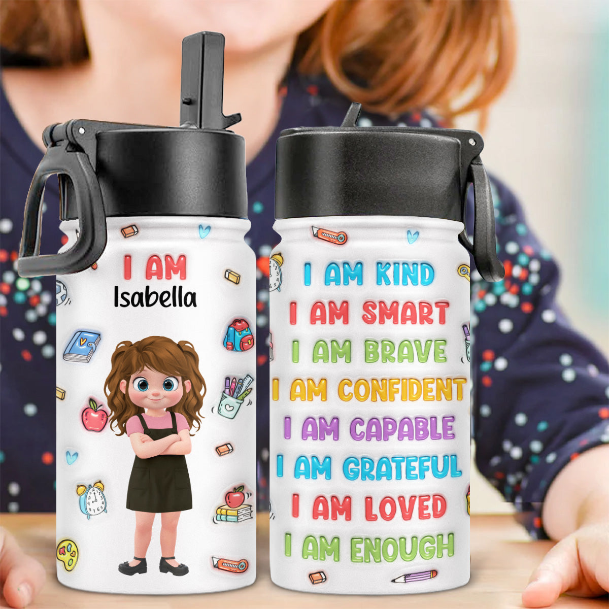 Kind Smart Loved Cartoonize - Personalized Custom 3D Inflated Effect Kids Water Bottle