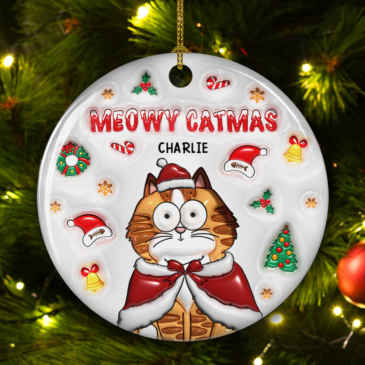Meow Catmas - Personalized Custom 3D Inflated Effect Ceramic Ornament
