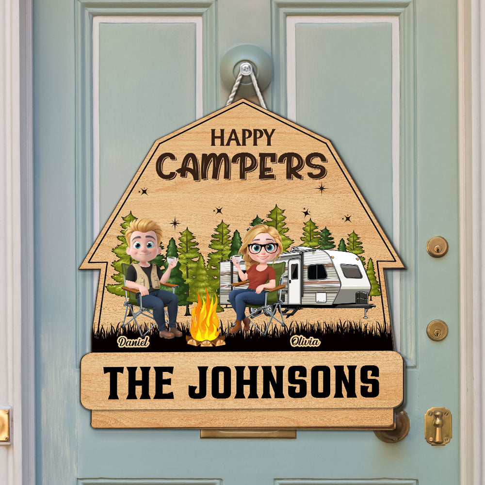 Husband And Wife Camping Partners For Life Cartoonize - Personalized Custom Wood Sign