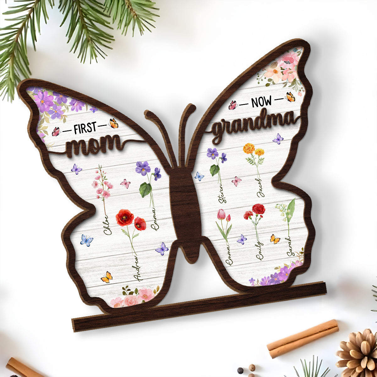 First Mom Now Grandma Butterfly - Personalized Custom 2-Layer Wood Plaque With Flat Base