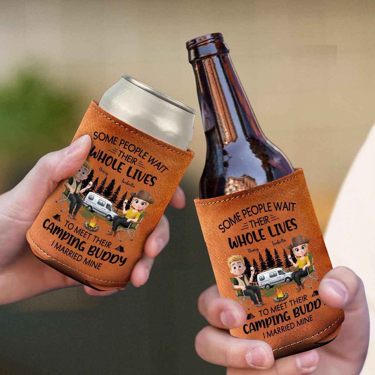 Sharing Every Campfire Night - Personalized Custom Leather Can Cooler Holder