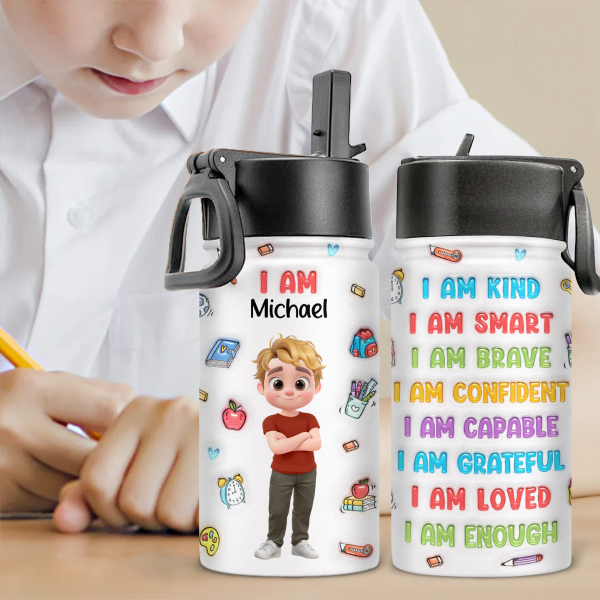 Kind Smart Loved Cartoonize - Personalized Custom 3D Inflated Effect Kids Water Bottle