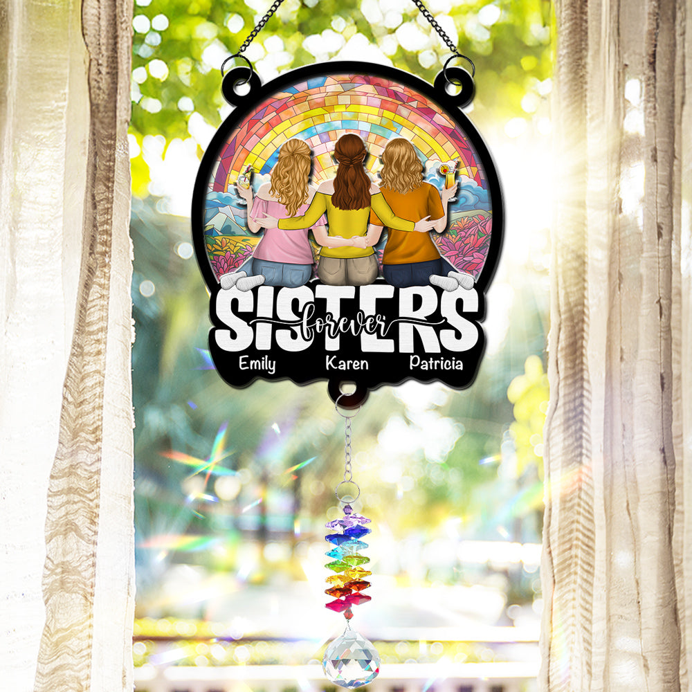 Besties Sitting Together - Personalized Custom Suncatcher With Crystal Rainbow Charm