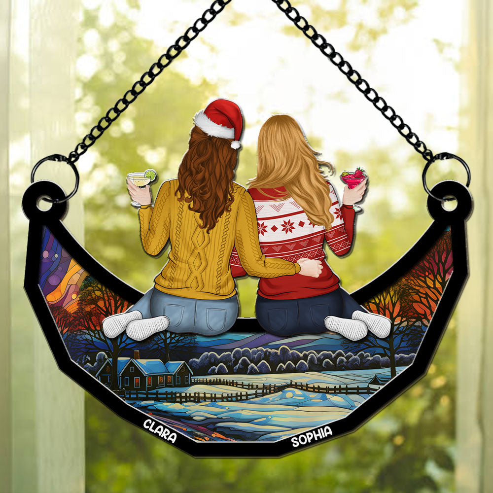 Besties Friends Sitting On The Moon - Personalized Custom Suncatcher