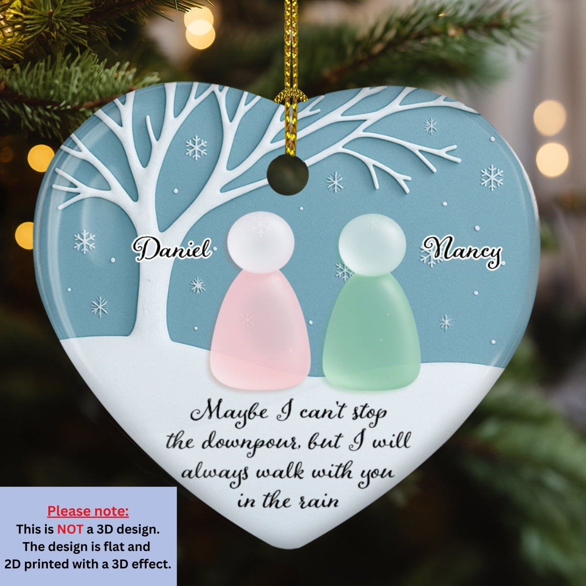 Walk With You In The Rain Sea Glass - Personalized Custom 3D Effect Heart Ceramic Ornament