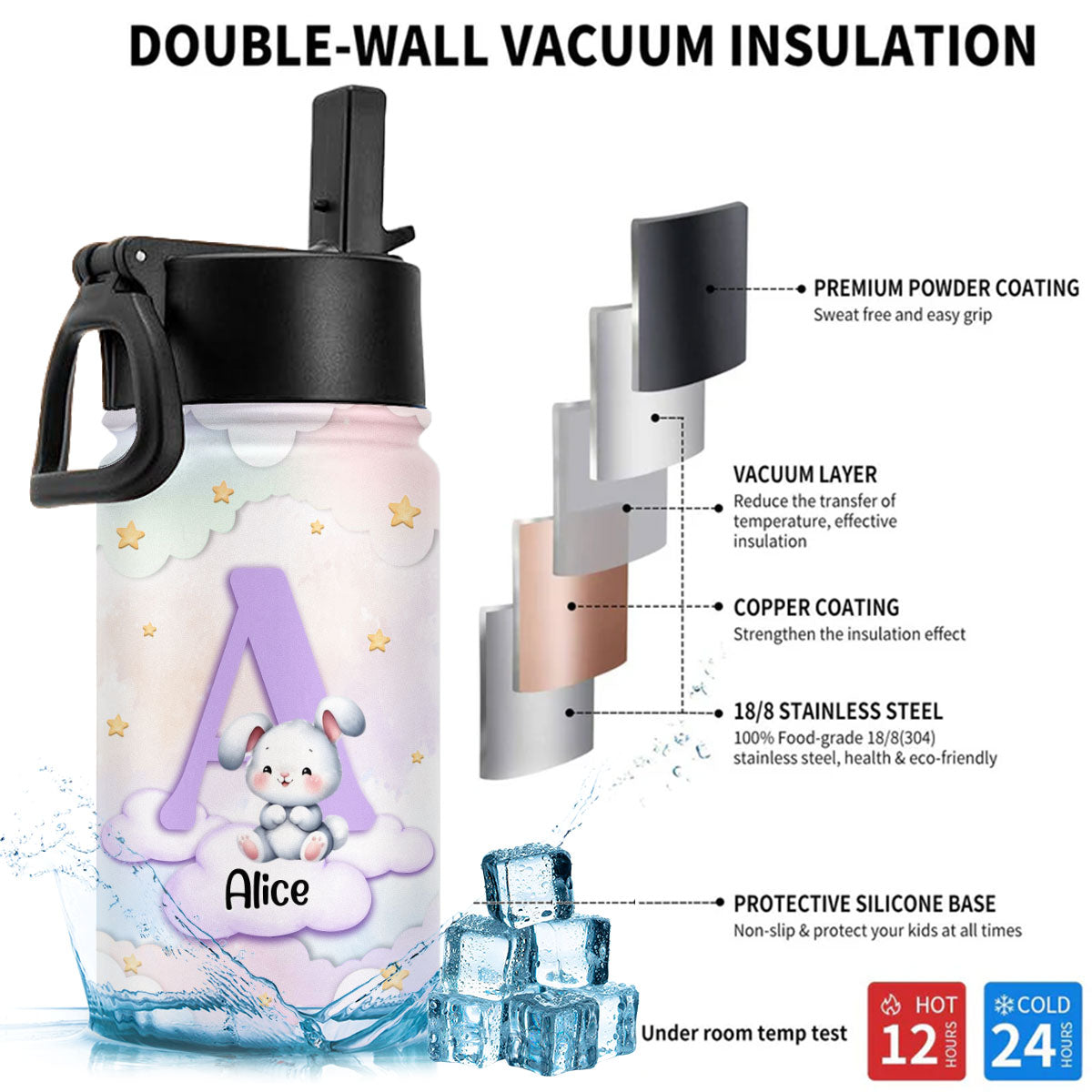 Cute Cartoon Rabbit - Personalized Custom Kids Water Bottle