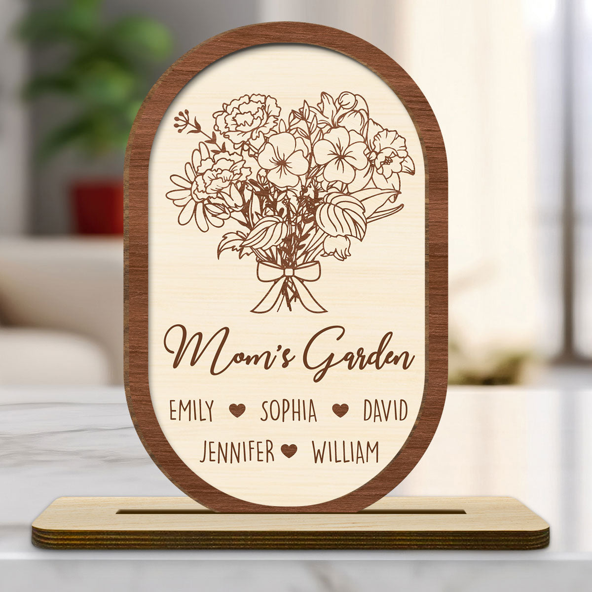 Floral With Family Names - Personalized Custom 2-Layer Wood Plaque With Flat Base