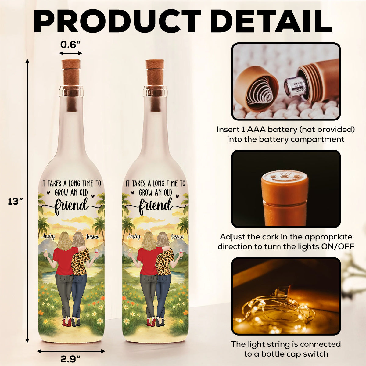 Bestie Old Friends Take Time To Grow - Personalized Custom Bottle Lamp