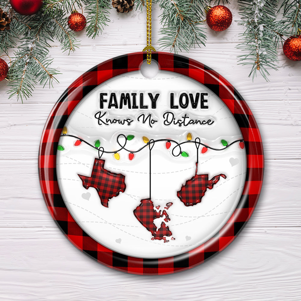 Family Love Know No Distance Red - Personalized Custom 3D Effect Ceramic Ornament