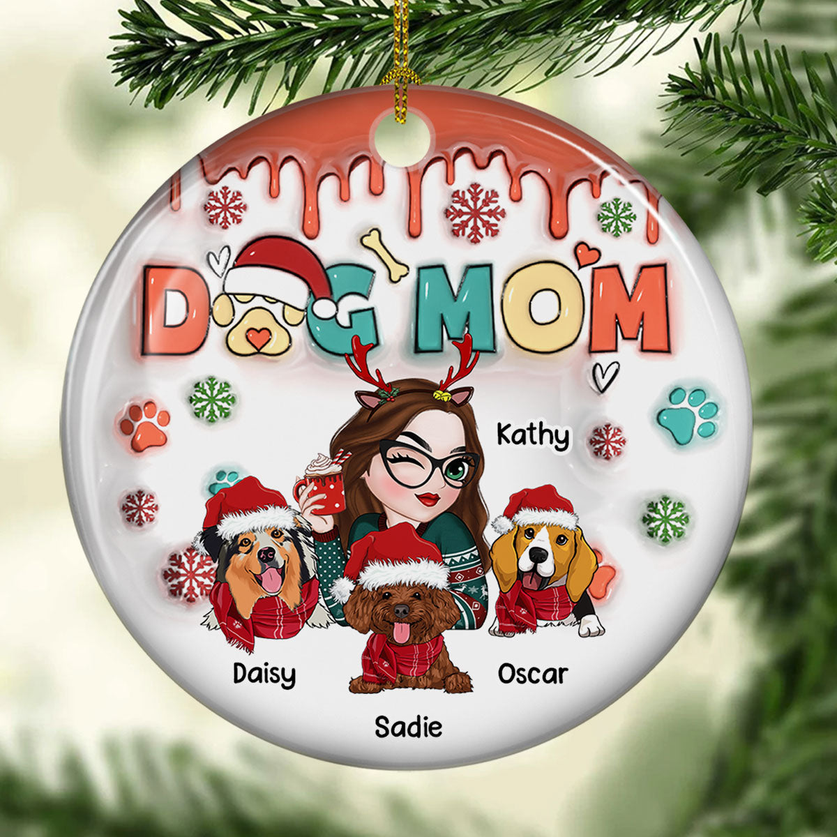 Dog Mom Christmas Paw - Personalized Custom 3D Inflated Effect Ceramic Ornament