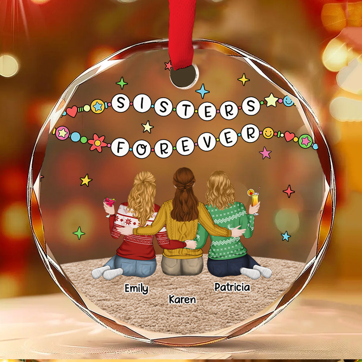 Sisters Sitting Colorful - Personalized Custom Glass Ornament