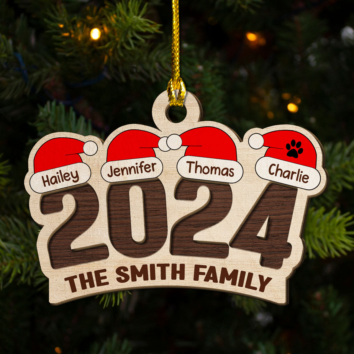 Family Santa Hat - Personalized Custom 2-Layered Wood Ornament