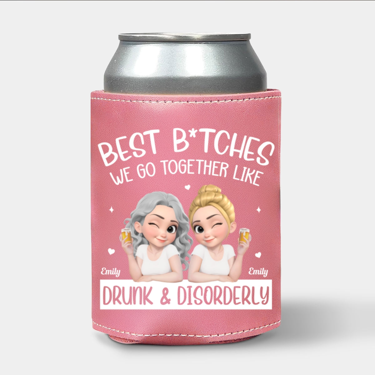 Partners In Wine - Personalized Custom Pink Leather Can Cooler Holder