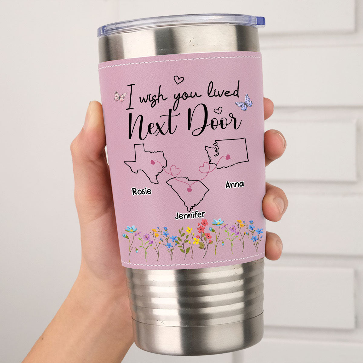 I Wish We Lived Closer - Personalized Custom Pink Leather Tumbler