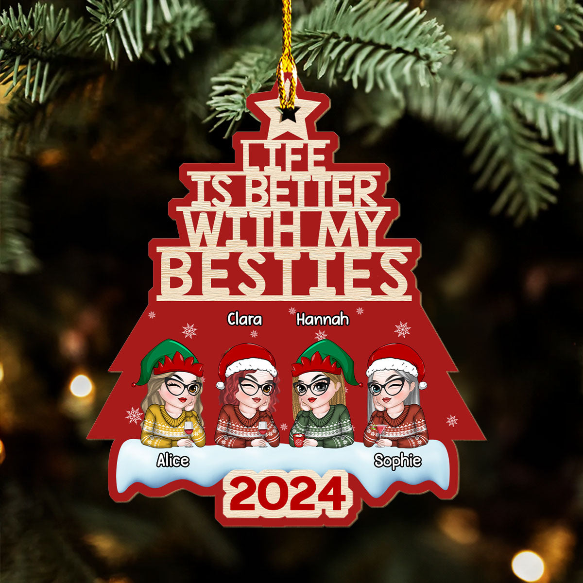 Besties Christmas Tree - Personalized Custom Wood Ornament