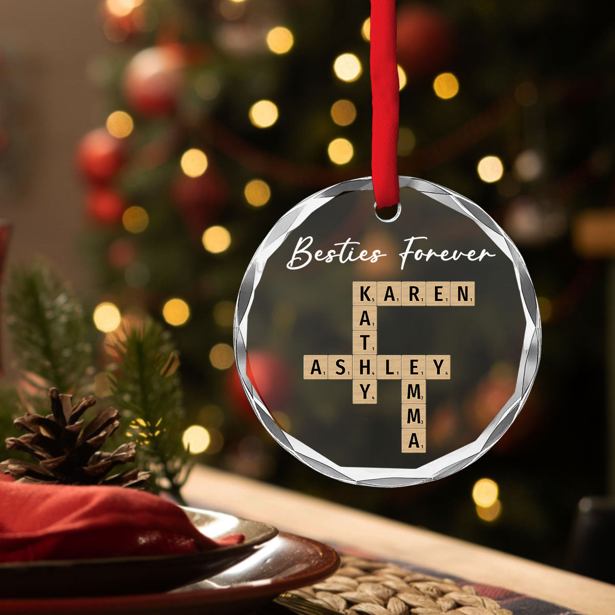 Family Besties Coworker Crossword Art  - Personalized Custom Glass Ornament