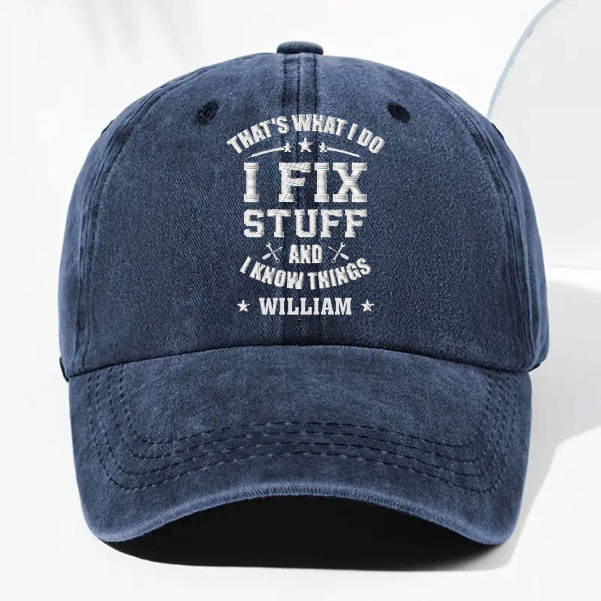 Fix Stuff And Know Things - Personalized Custom Vintage Washed Denim Cap