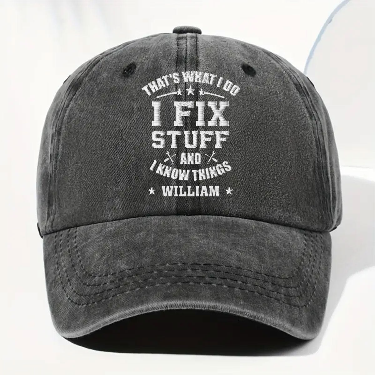 Fix Stuff And Know Things - Personalized Custom Vintage Washed Denim Cap