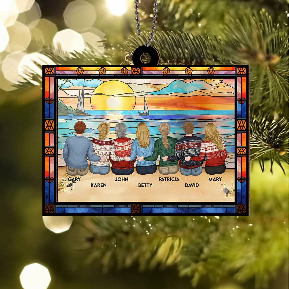 Mom And Children Sitting On The Beach - Personalized Custom Suncatcher Ornament