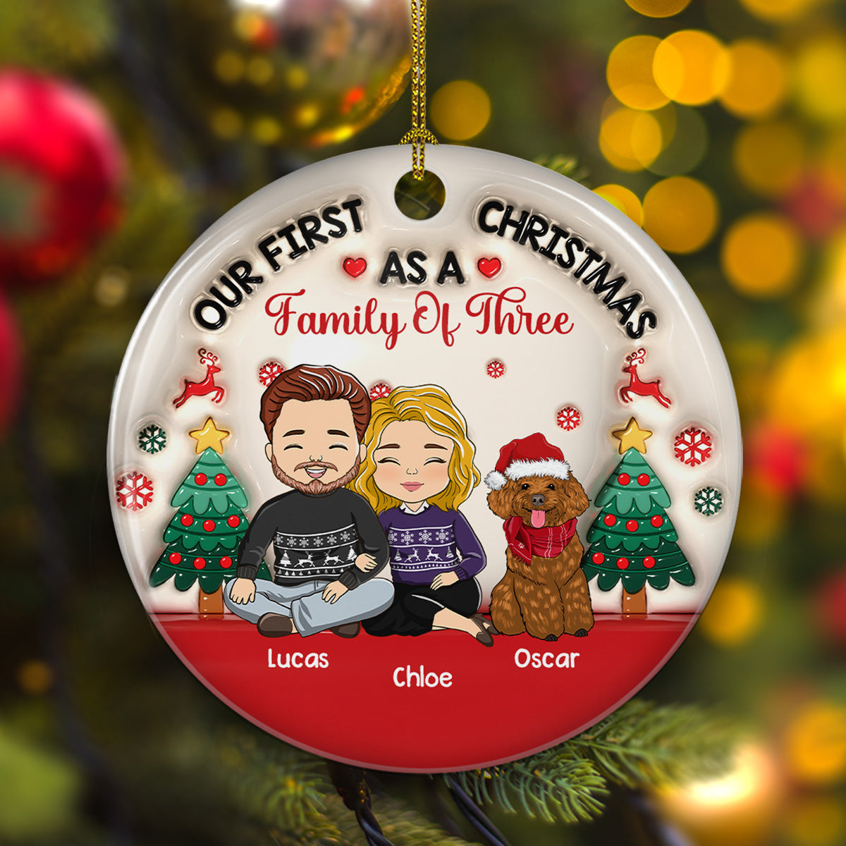 First Christmas As A Family Of Three - Personalized Custom 3D Inflated Effect Ceramic Ornament
