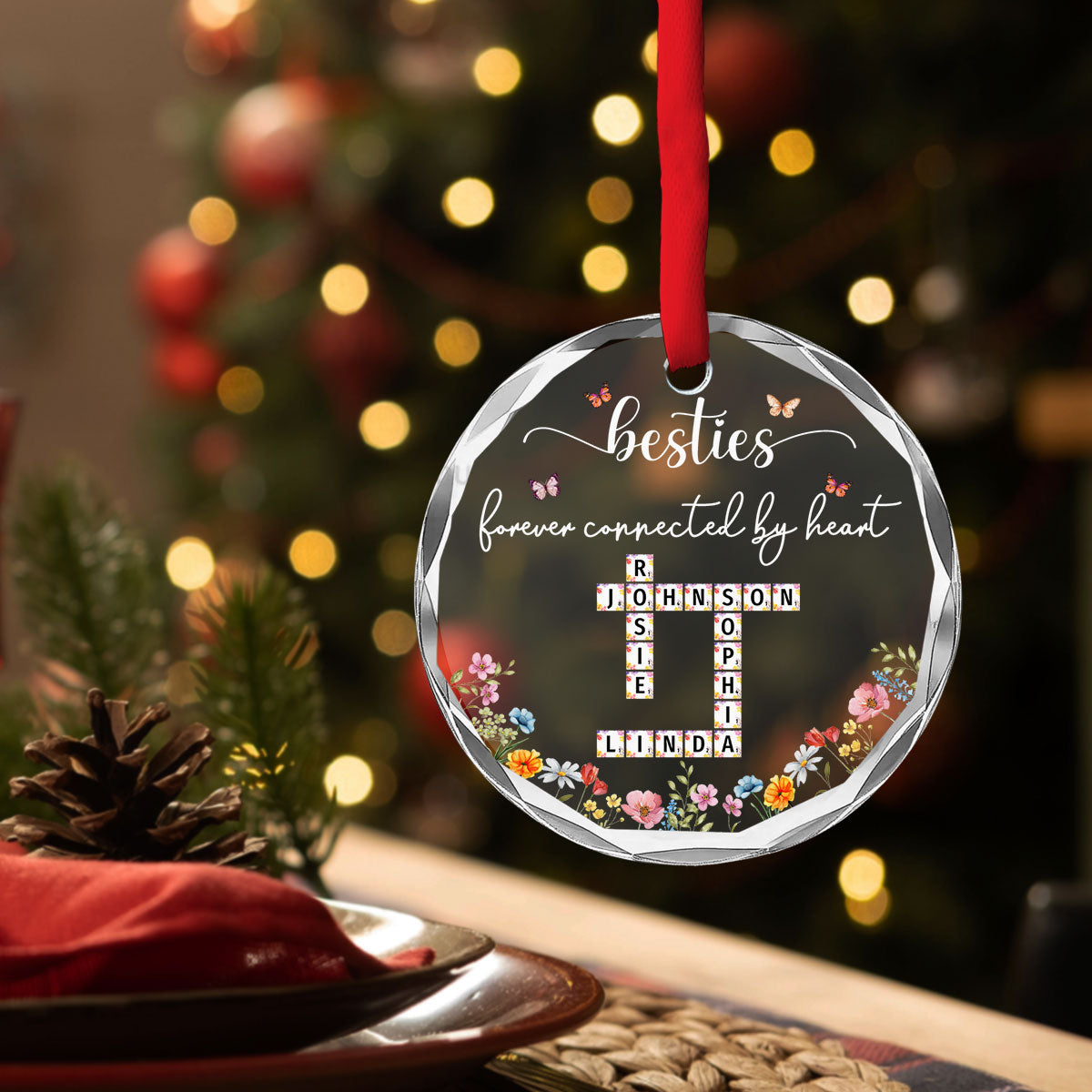 Family Forever Connected By Heart - Personalized Custom Glass Ornament