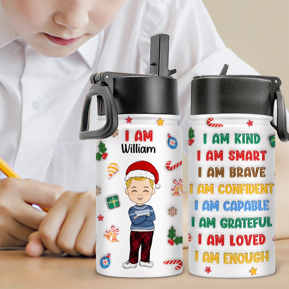 Kind Smart Loved Christmas - Personalized Custom 3D Inflated Effect Kids Water Bottle