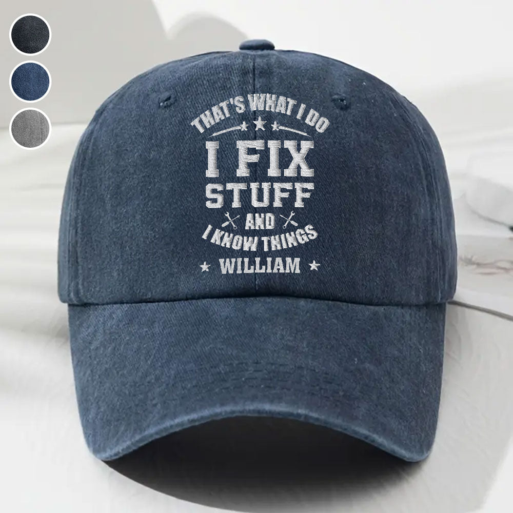 Fix Stuff And Know Things - Personalized Custom Vintage Washed Denim Cap