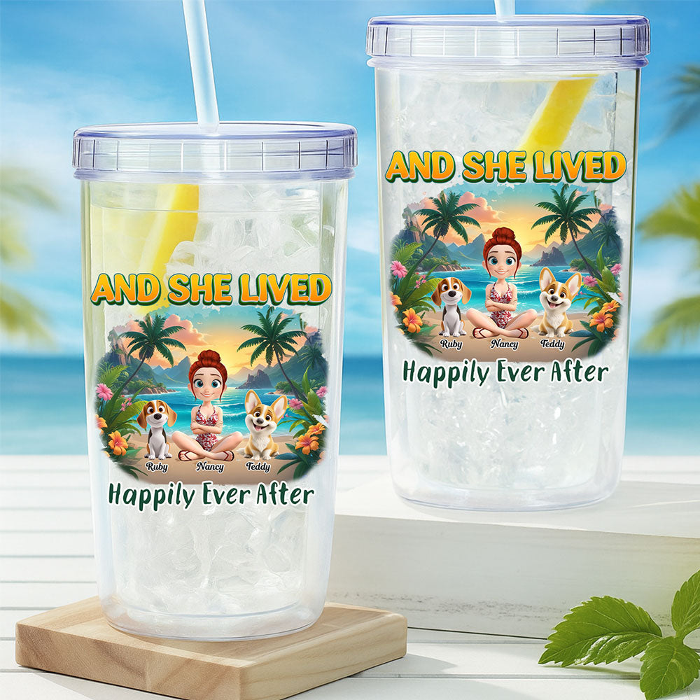 She Lived Happily With Her Dog - Personalized Custom 14oz Plastic Tumbler