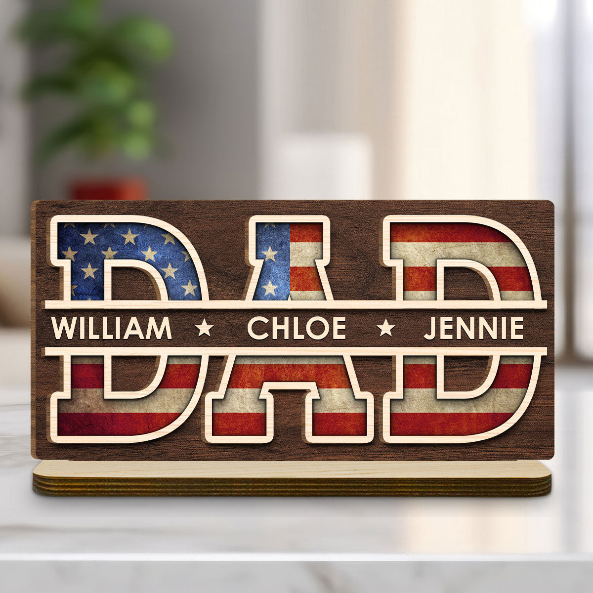 Dad America - Personalized Custom 2-Layer Wood Plaque With Flat Base