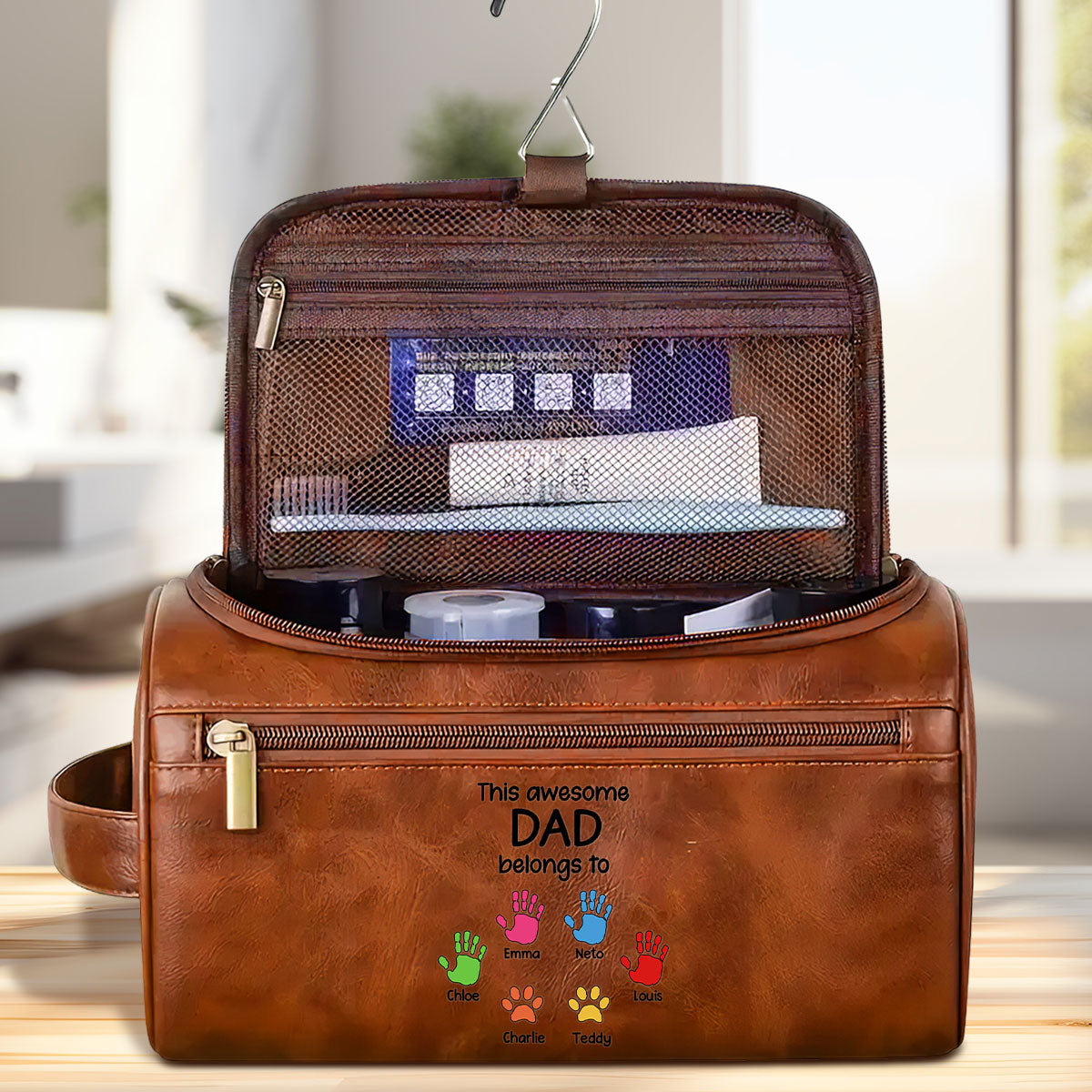 This Awesome Dad Belong To - Personalized Custom Leather Toiletry Bag