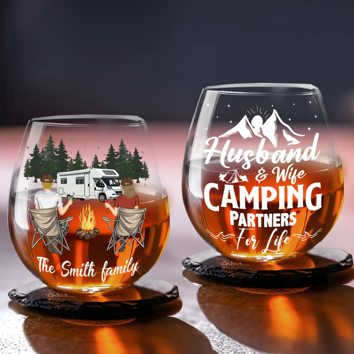 Camping Couple Husband And Wife - Personalized Custom Wine Glass