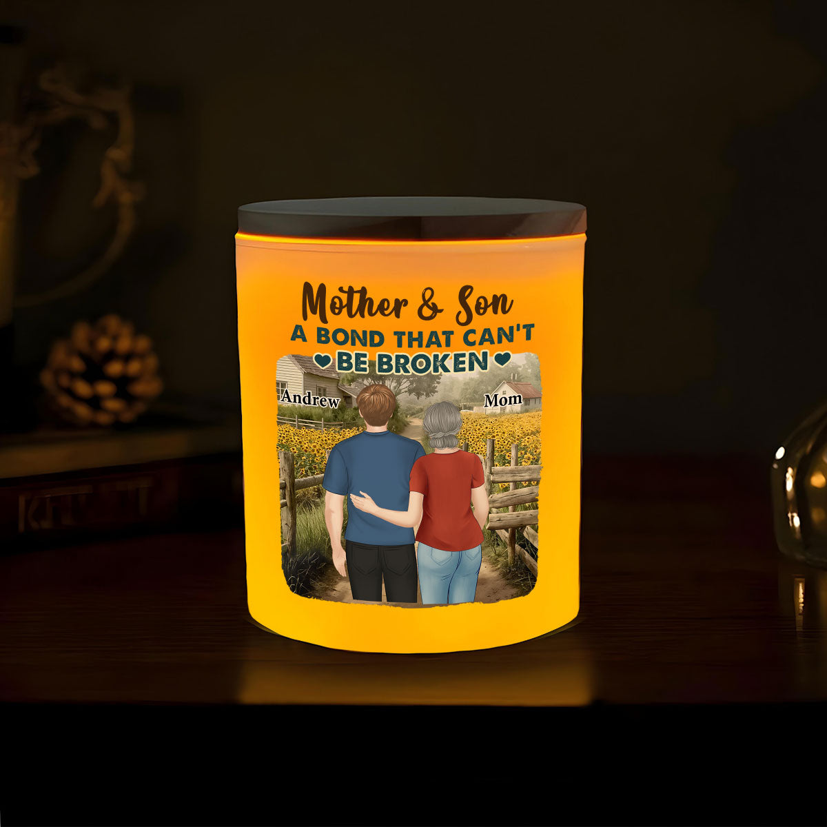 Sunflowers Mother And Child - Personalized Custom Glass Jar With LED Candle