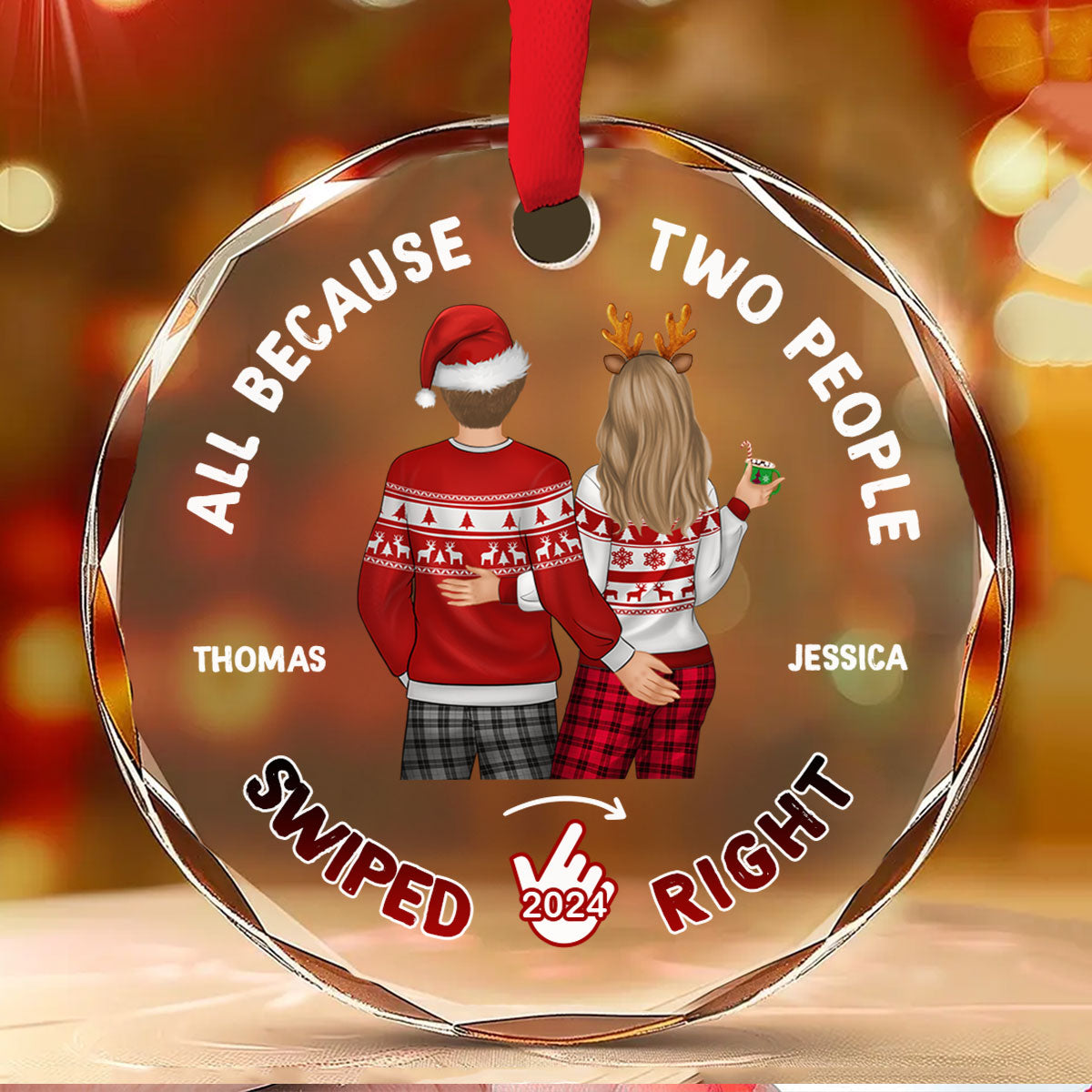 Two People Swiped Right - Personalized Custom Glass Ornament